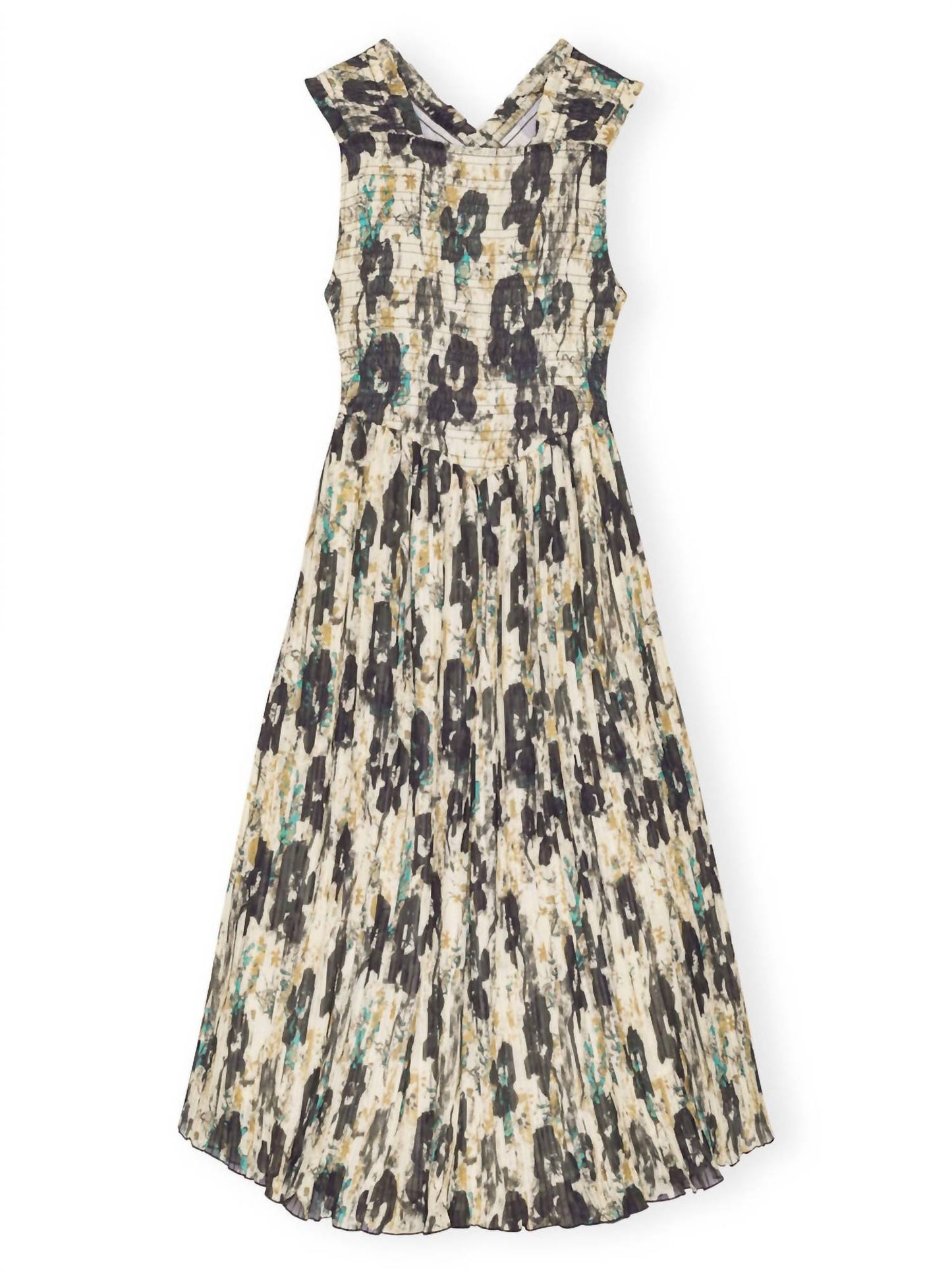 Ganni - Printed Pleats Smock Midi Straps Dress