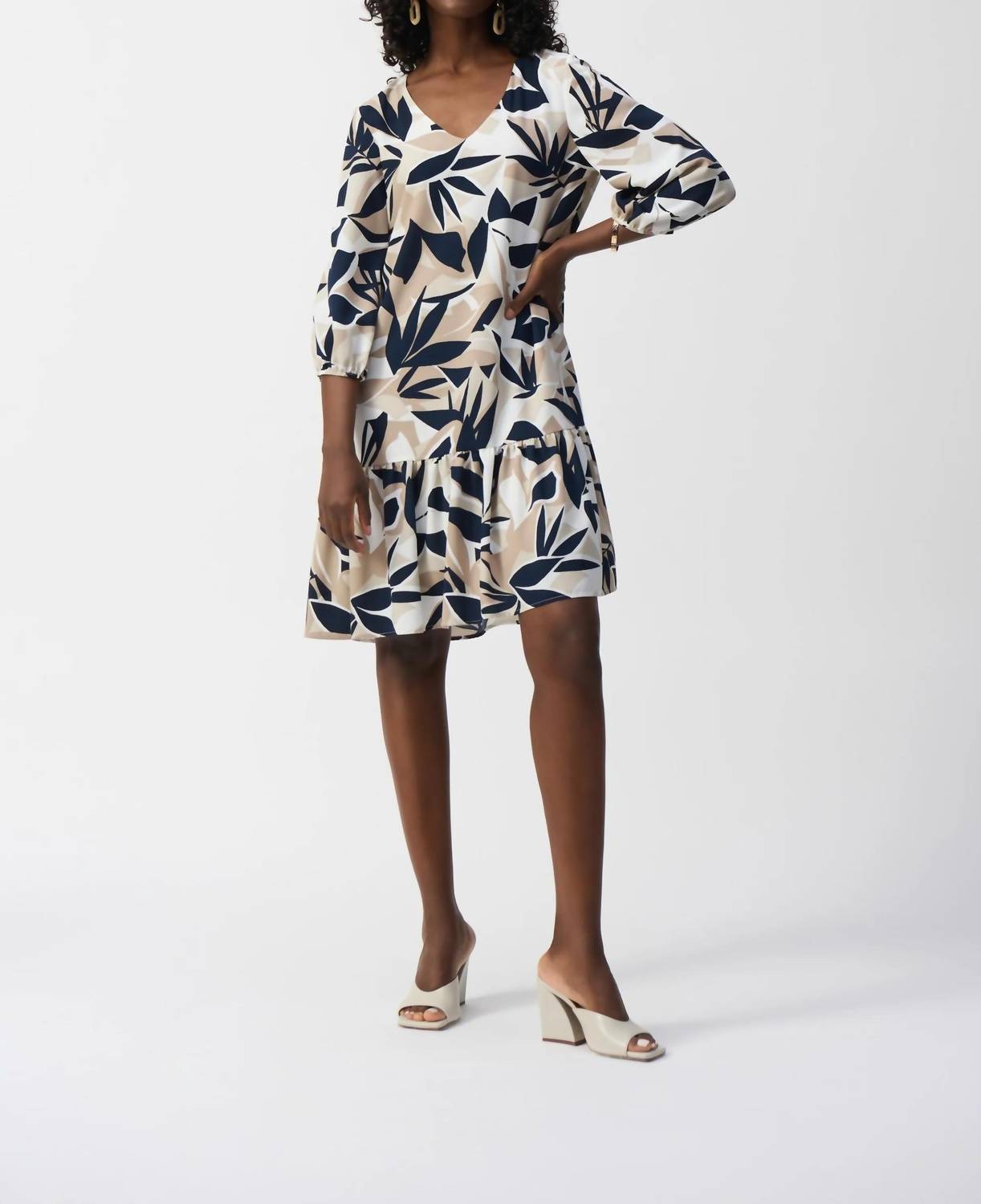 Joseph Ribkoff - Leaf Print Puff Sleeve Trapeze Dress
