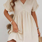 Full Time Purchase - Folded Short Sleeve Lace V Neck Mini Dress