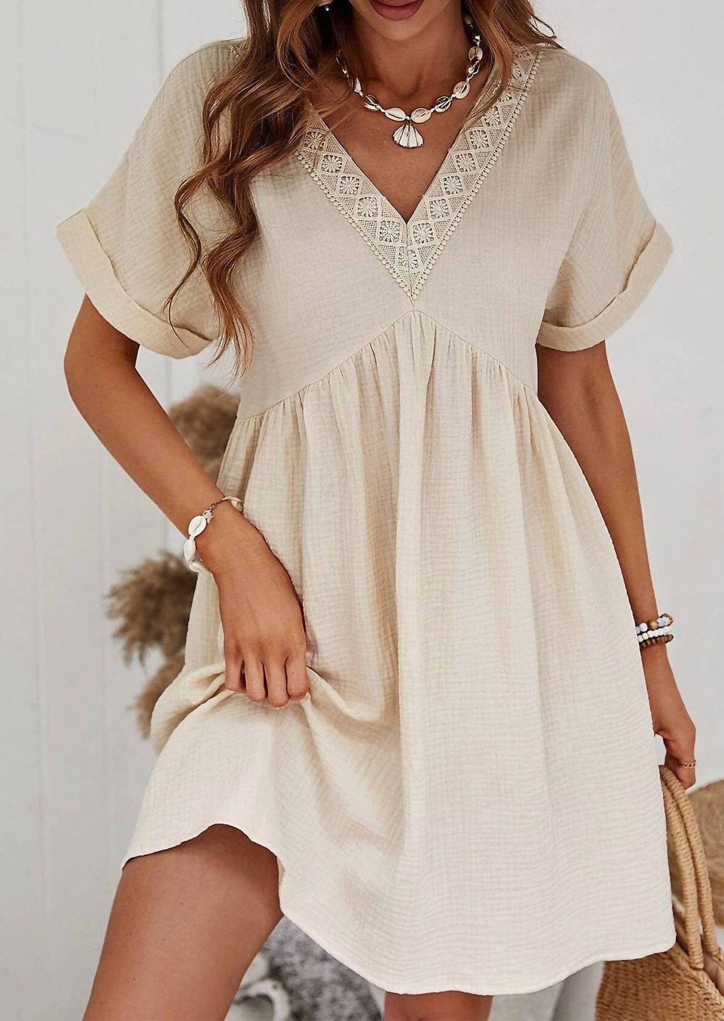 Full Time Purchase - Folded Short Sleeve Lace V Neck Mini Dress