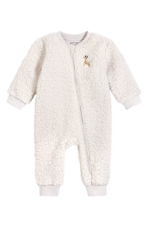 Petit Lem Reindeer Embroidered Stretch Organic Cotton High-Pile Fleece Romper in 102 Beige, Size 18M