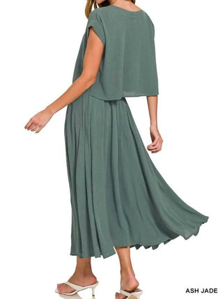 Zenana - Woven Crinkle Gauze Crop Tee And Skirt Set