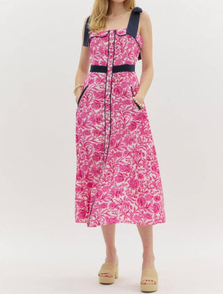 Entro - Shoulder Tie Print Midi Dress