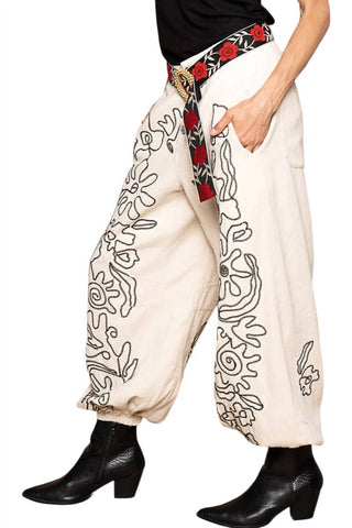 Pol - Floral Embroidered Pattern Solid Twill Pants