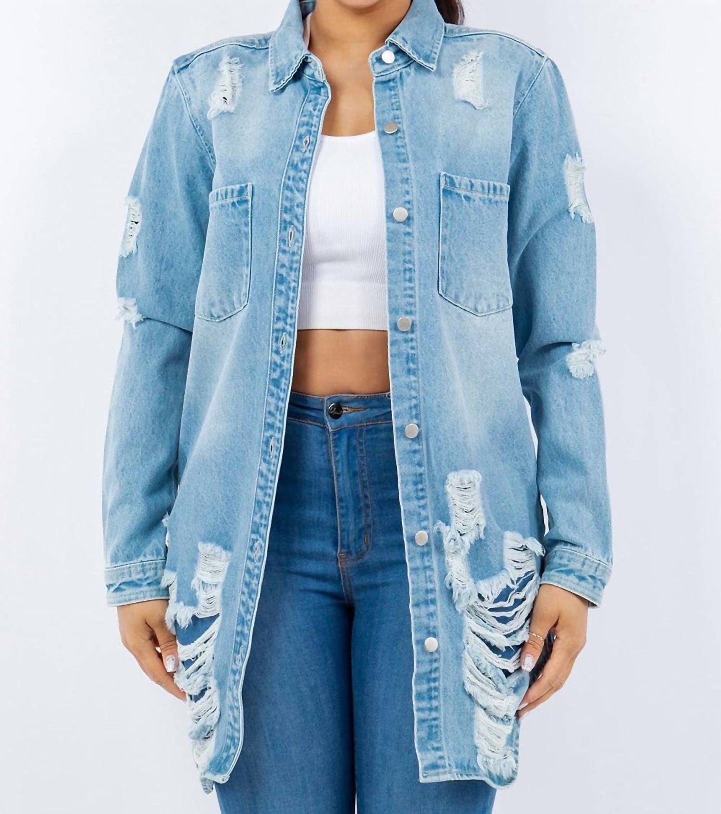 American Bazi - Distressed Button Up Long Sleeve Denim Jacket