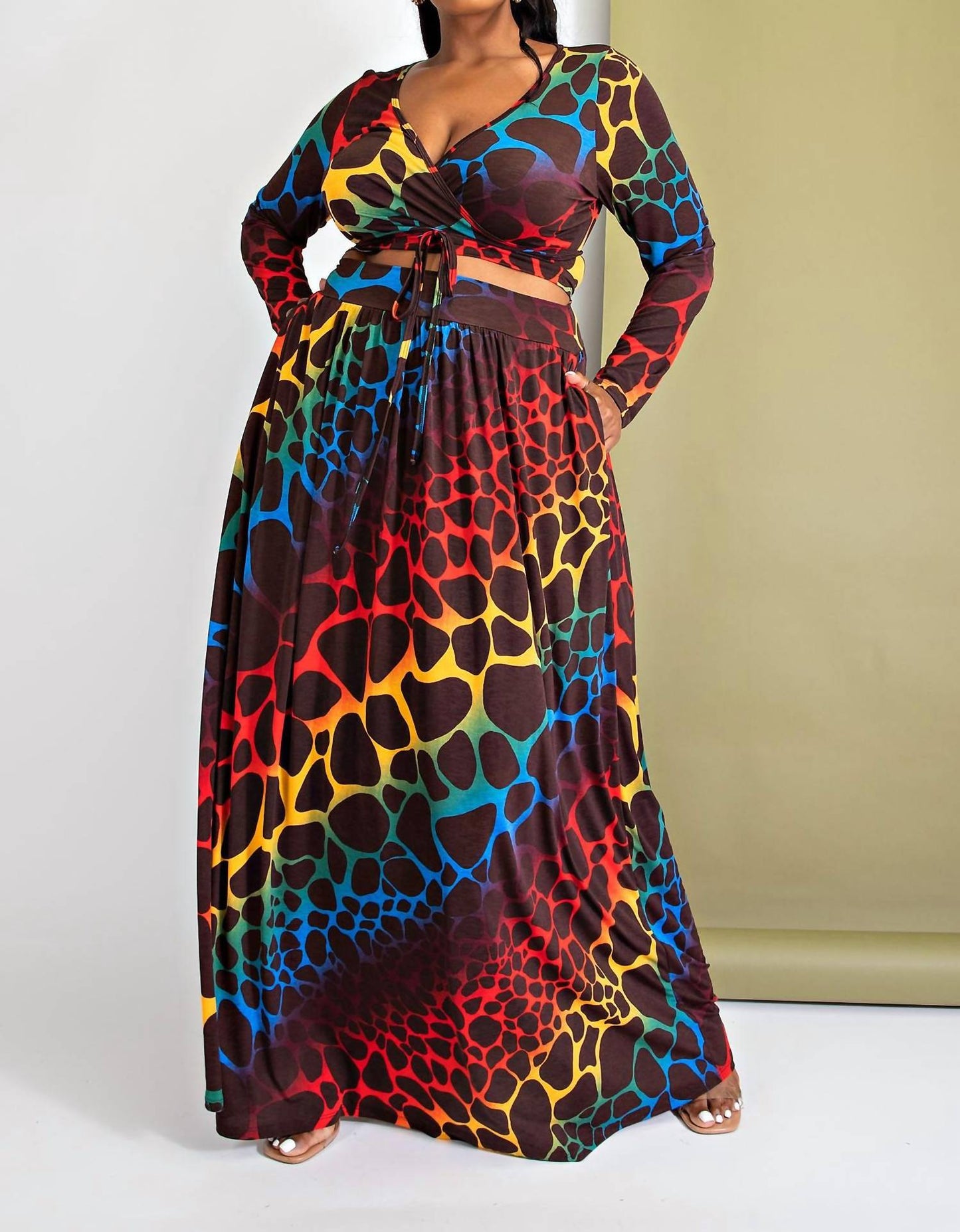 The Curve La - Plus Size Long Sleeve Surplice Wrap Top And Maxi Skirt Set