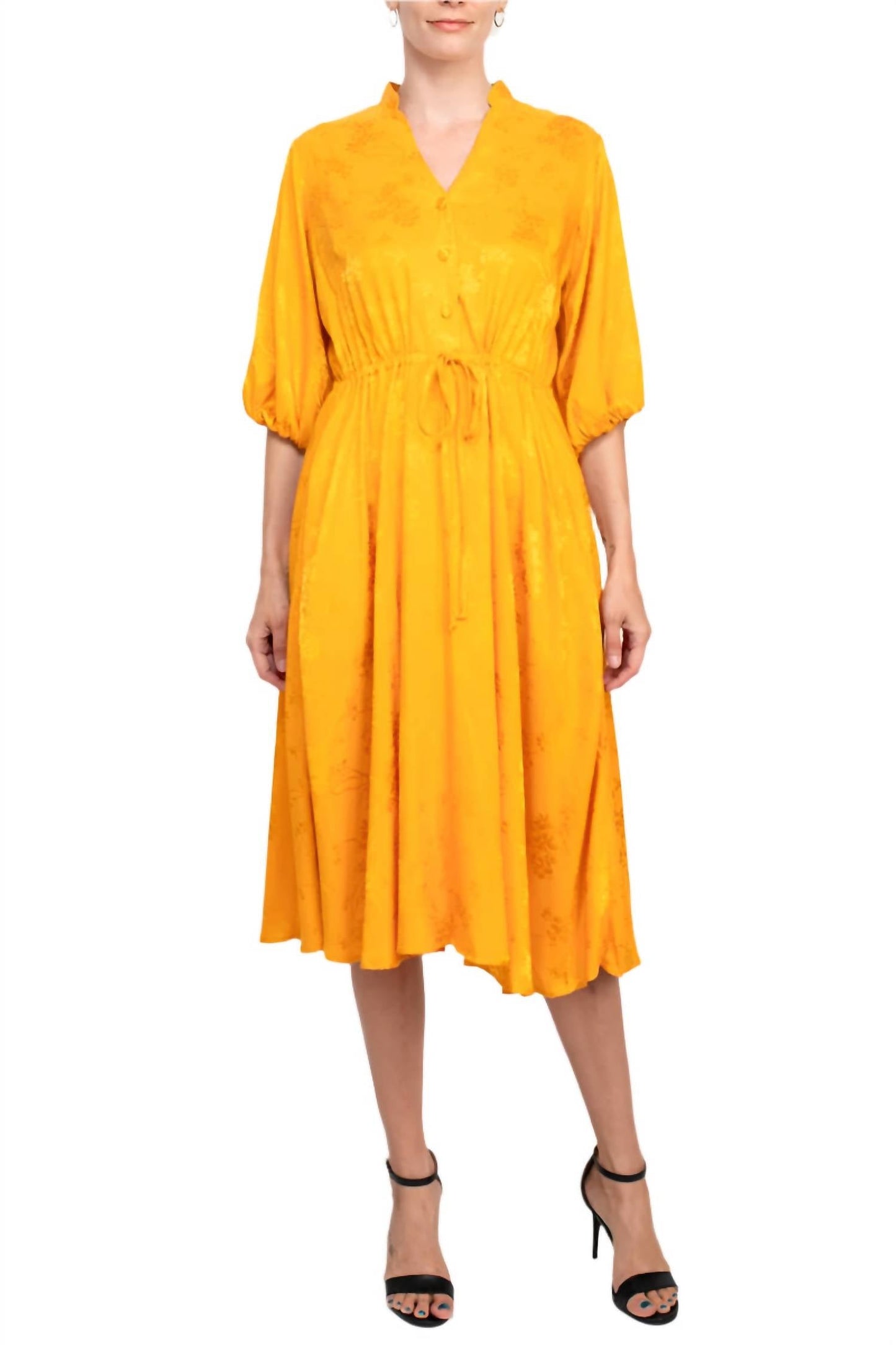 52Seven - Split Neck Balloon Sleeve Jacquard Dress
