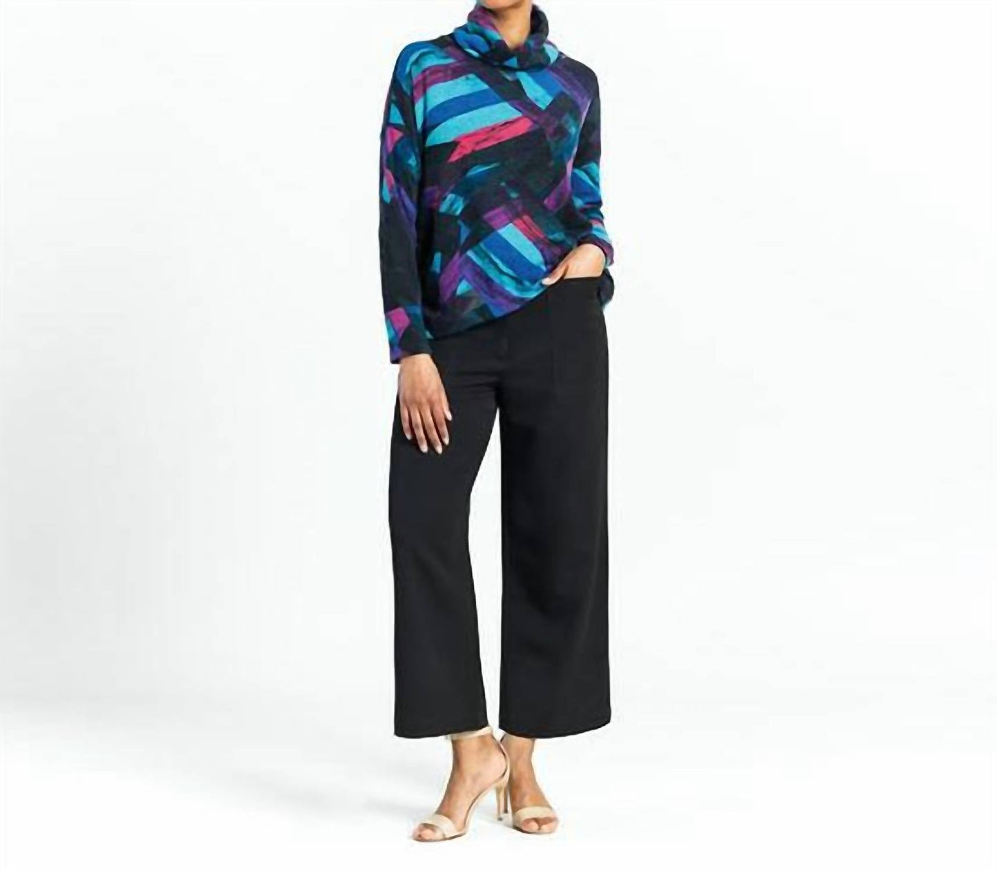 Clara Sun Woo - Ribbon Print Turtleneck Sweater w/Tipped Hem