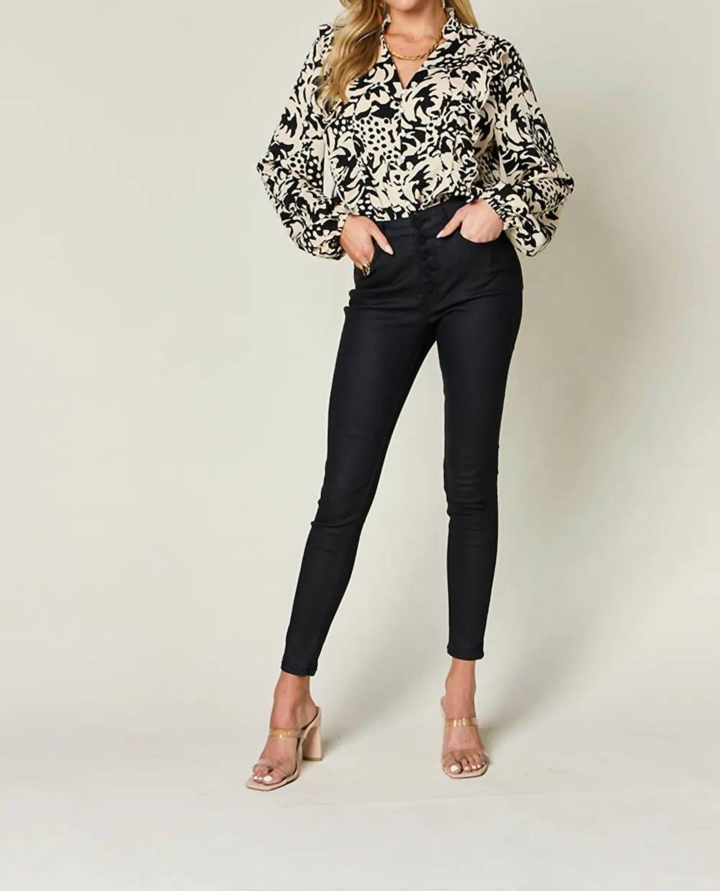 Double Take - Full Size Printed Ruffle Trim Balloon Sleeve Shirt