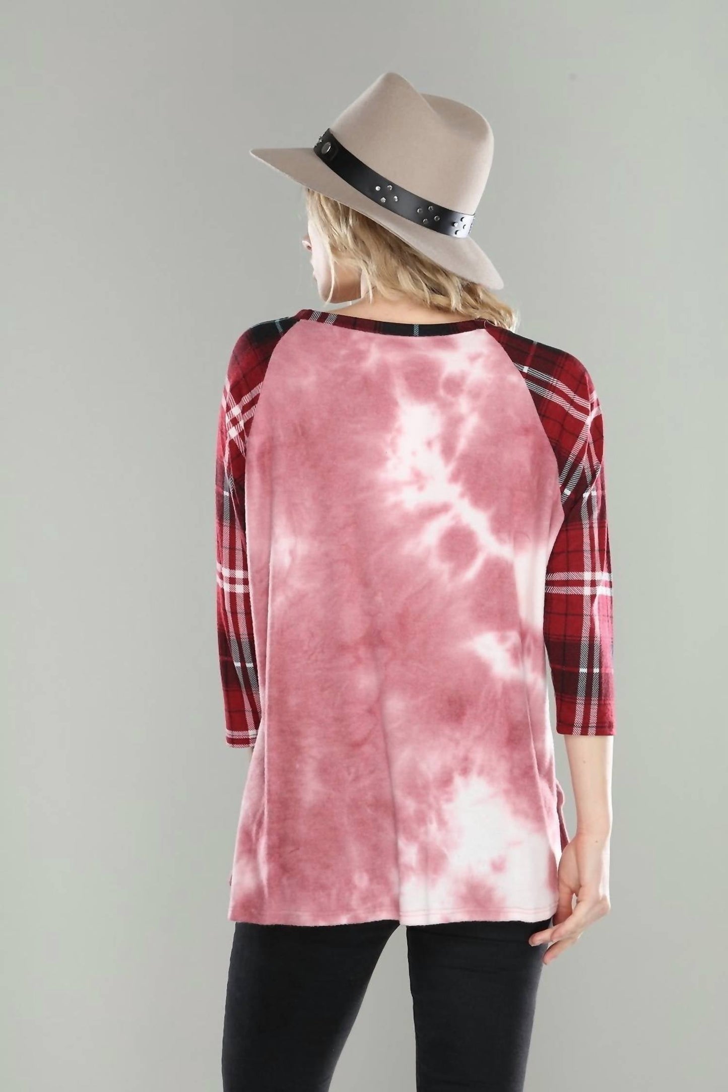 Crepas - Plaid Sleeve Fleece Jersey Tee