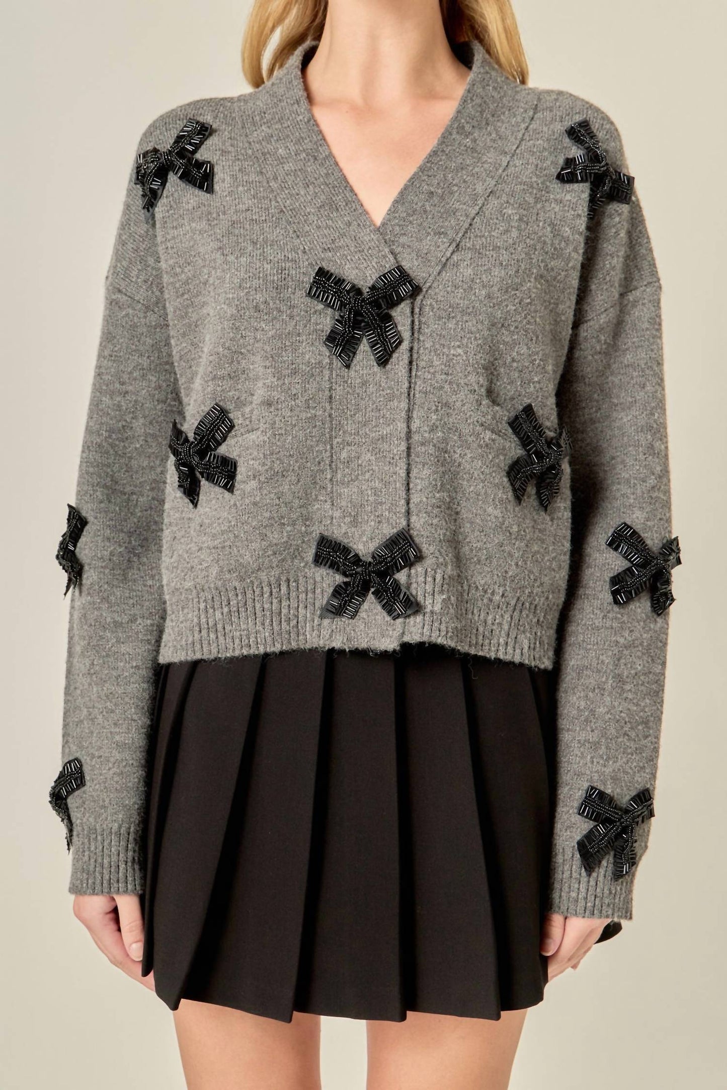 2.7 August Apparel - Chunky Cardigan with Beaded Big Bow