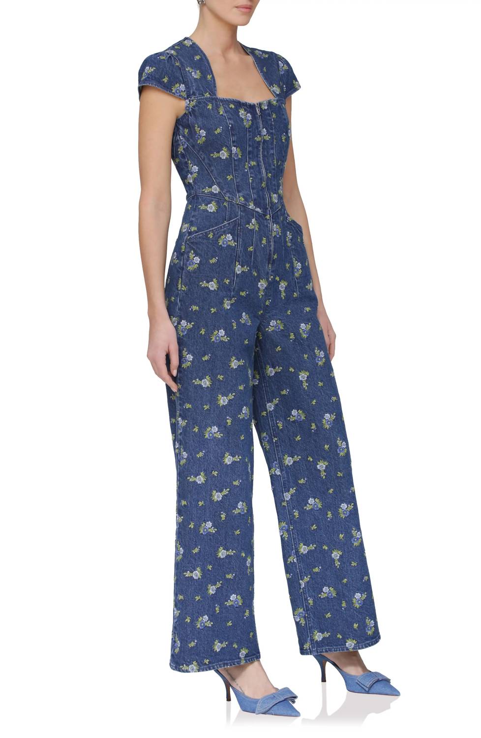 Avec Les Filles - Floral Cap Sleeve Corset Wide Leg Denim Jumpsuit