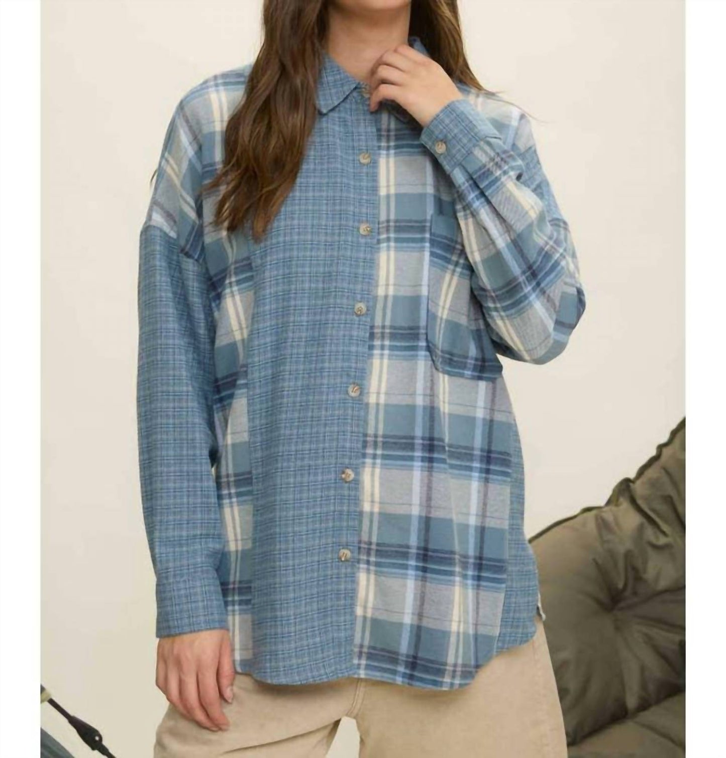 Blu Pepper - Colorblock Plaid Long Sleeve Button Down Shirt