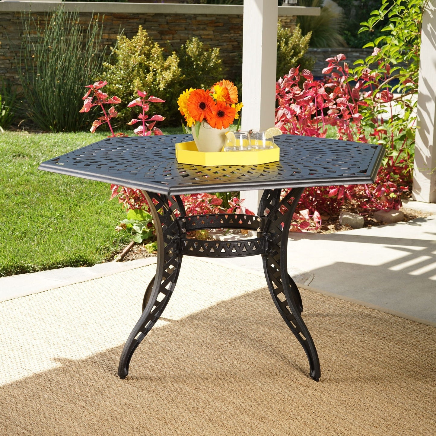 Outdoor Cast Aluminum Dining Table With Lattice Top and Umbrella Hole - Black