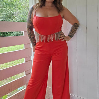 Blue B - Rhinestone Fringe Cut Out Side Open Back Jumpsuit