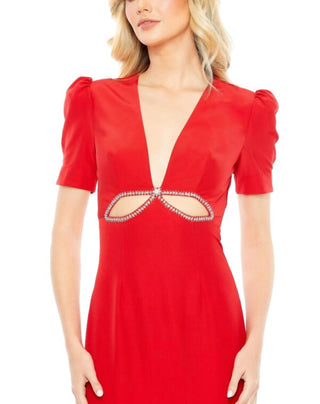 Ieena For Mac Duggal - Plunge Neck Puff Sleeve Cut Out Gown