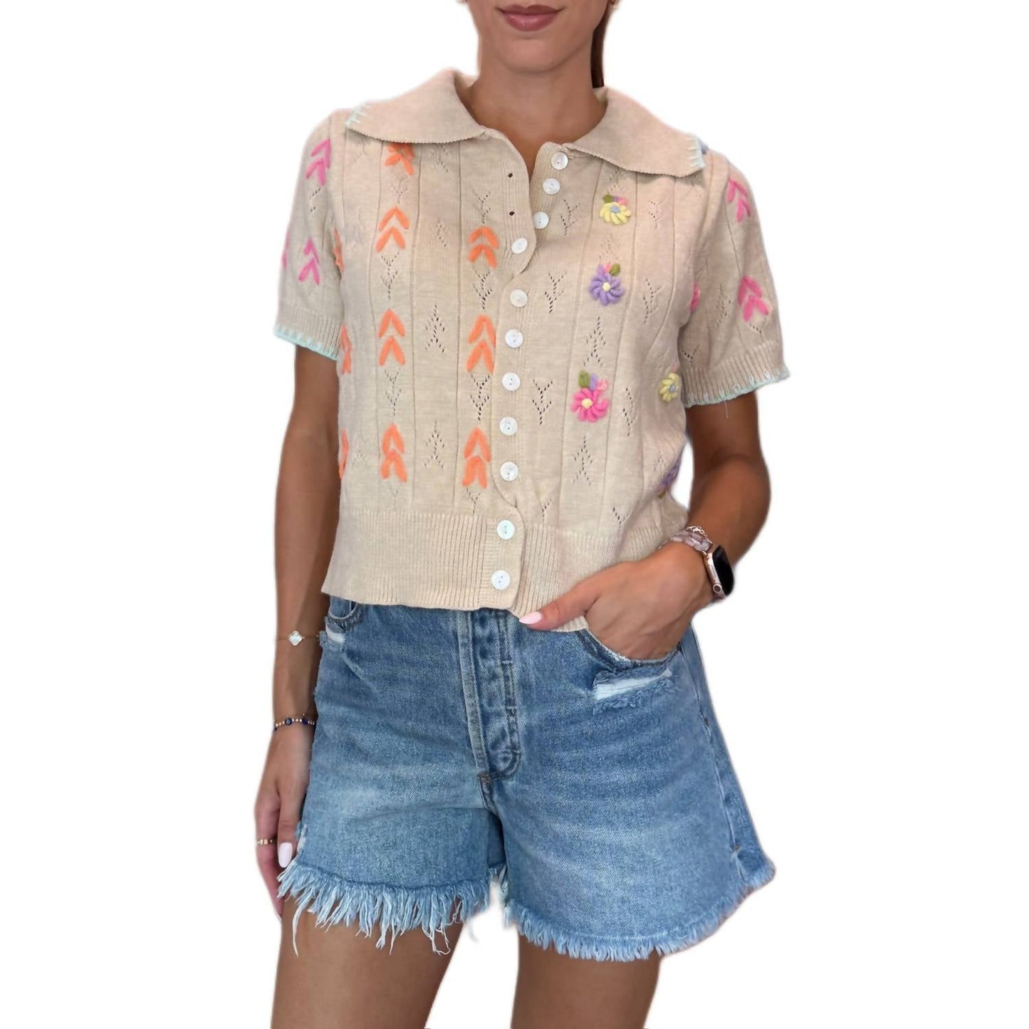 &Merci - Hand Embroidered Short Sleeve Button Down Sweater