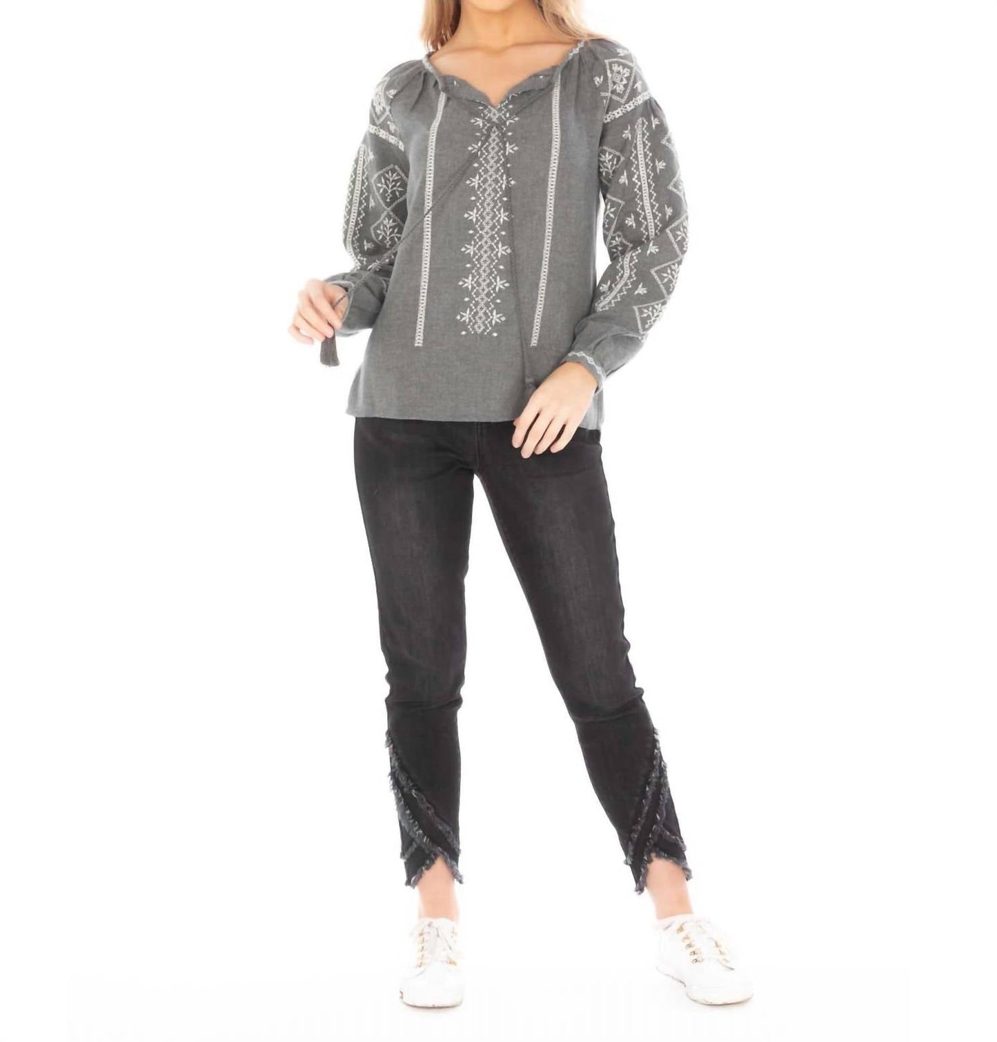 Apny - Peasant Melange Embroidered Top