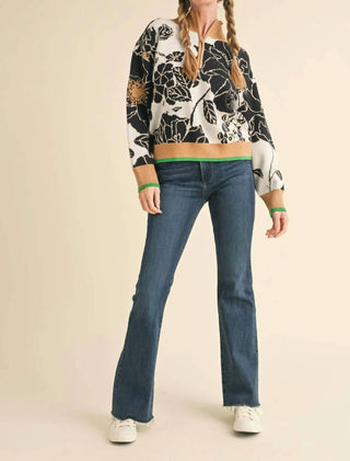 &Merci - Floral Knit Mock Neck Half Zip Pullover