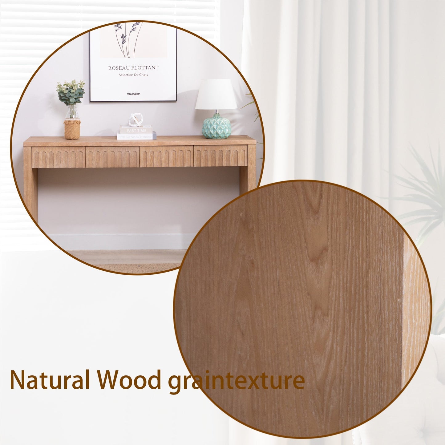 Modern Console Table with 4 Drawers – 59.2" Entryway Table in Natural Wood Finish