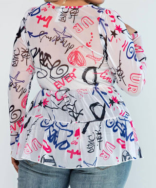 The Curve La - Plus Size Mesh Babydoll Puff Sleeve Top