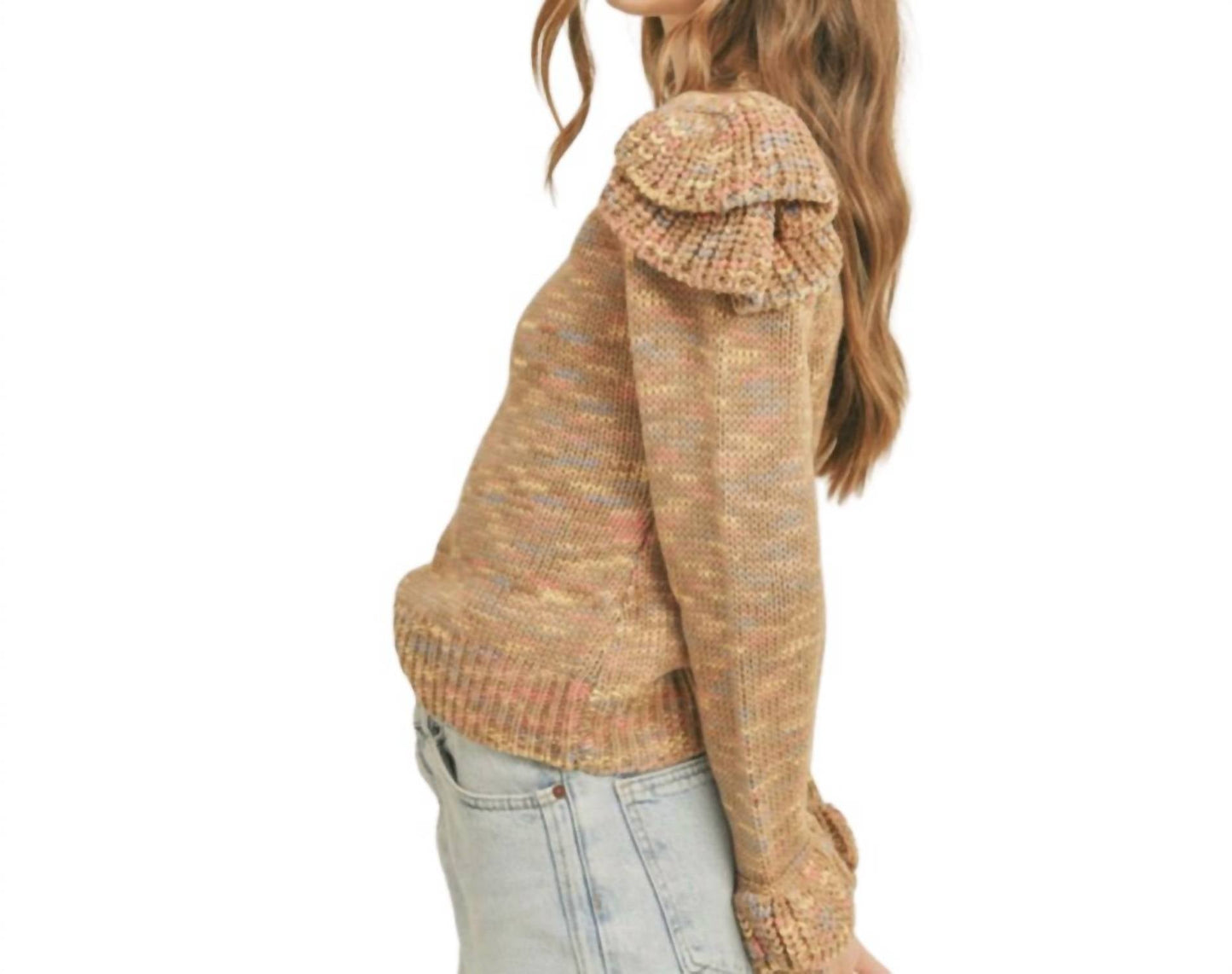&Merci - Ruffled Shoulder Mix Knit Sweater