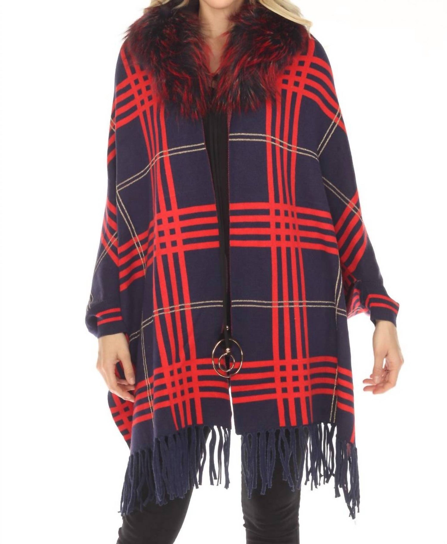Oolala - Plaid Pattern Real Fur Collar Fringe Cape