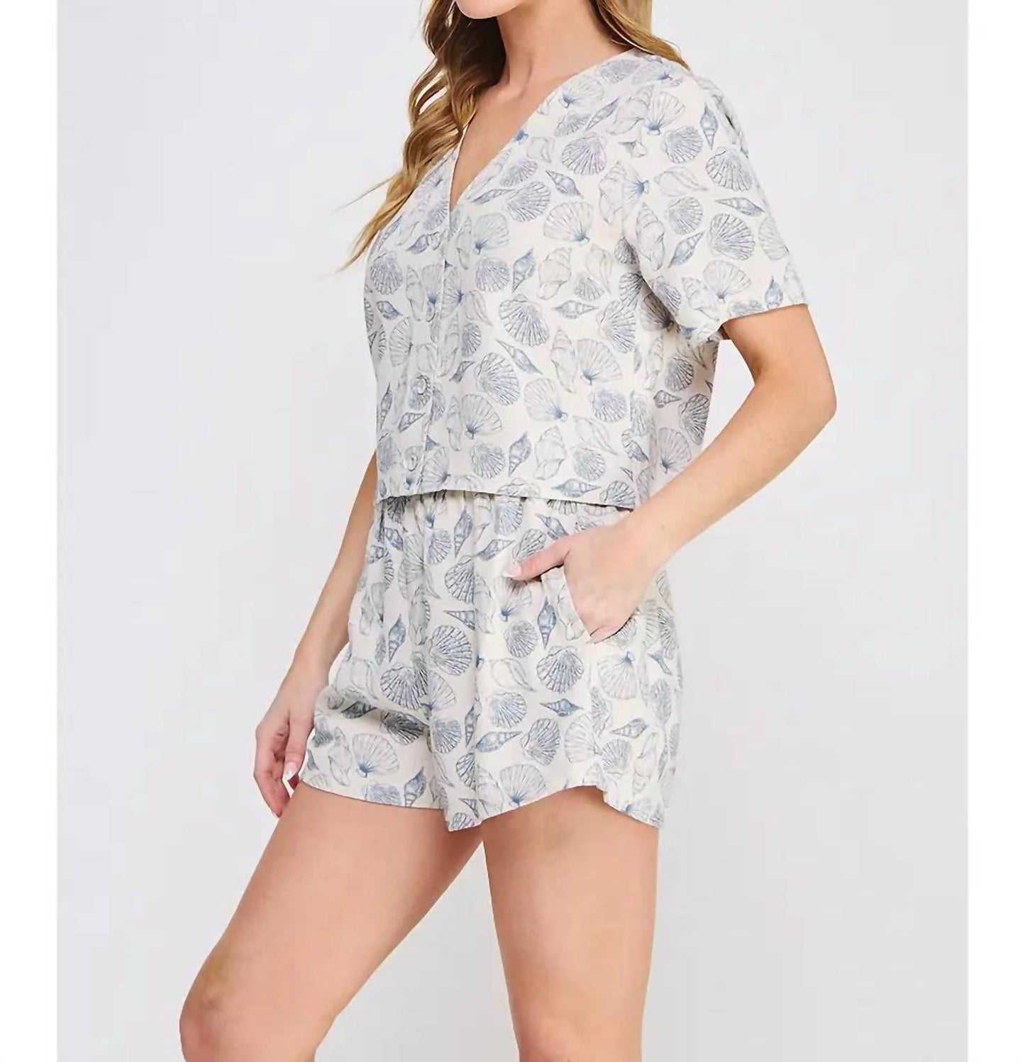 Allie Rose - Seashell Print Linen V-neck Top