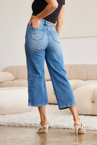 Judy Blue - High Waist Braided Detail Crop Wide Leg Jeans