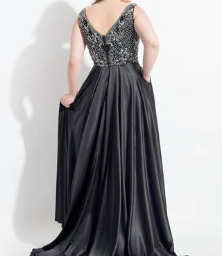 Rachel Allan - Beaded Stretch Satin Flowy Prom Gown