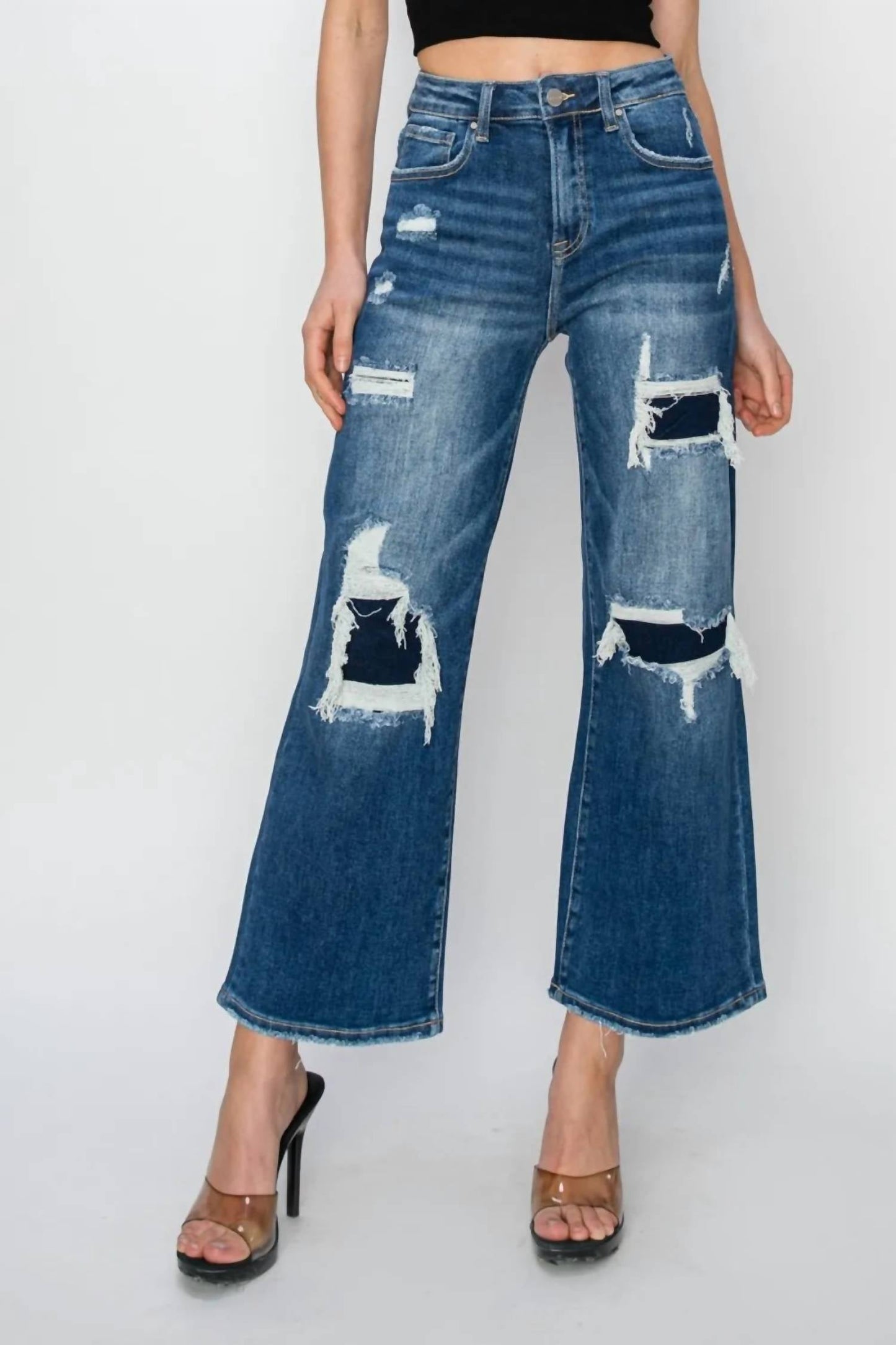 Risen - Full Size High Rise Patch Detailed Wide Leg Crop Jeans