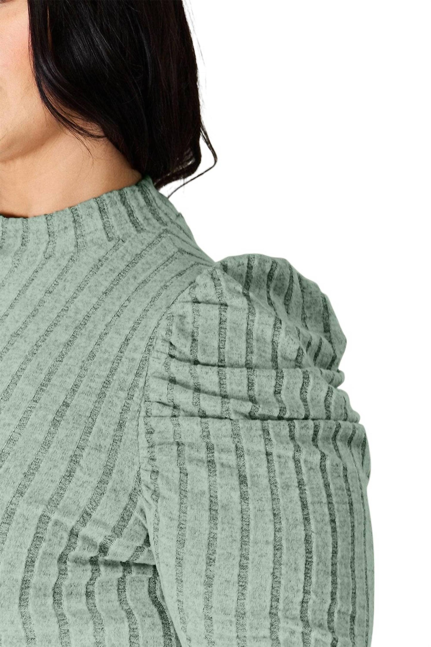 Basic Bae - Ribbed Mock Neck Top With Puff Sleeves