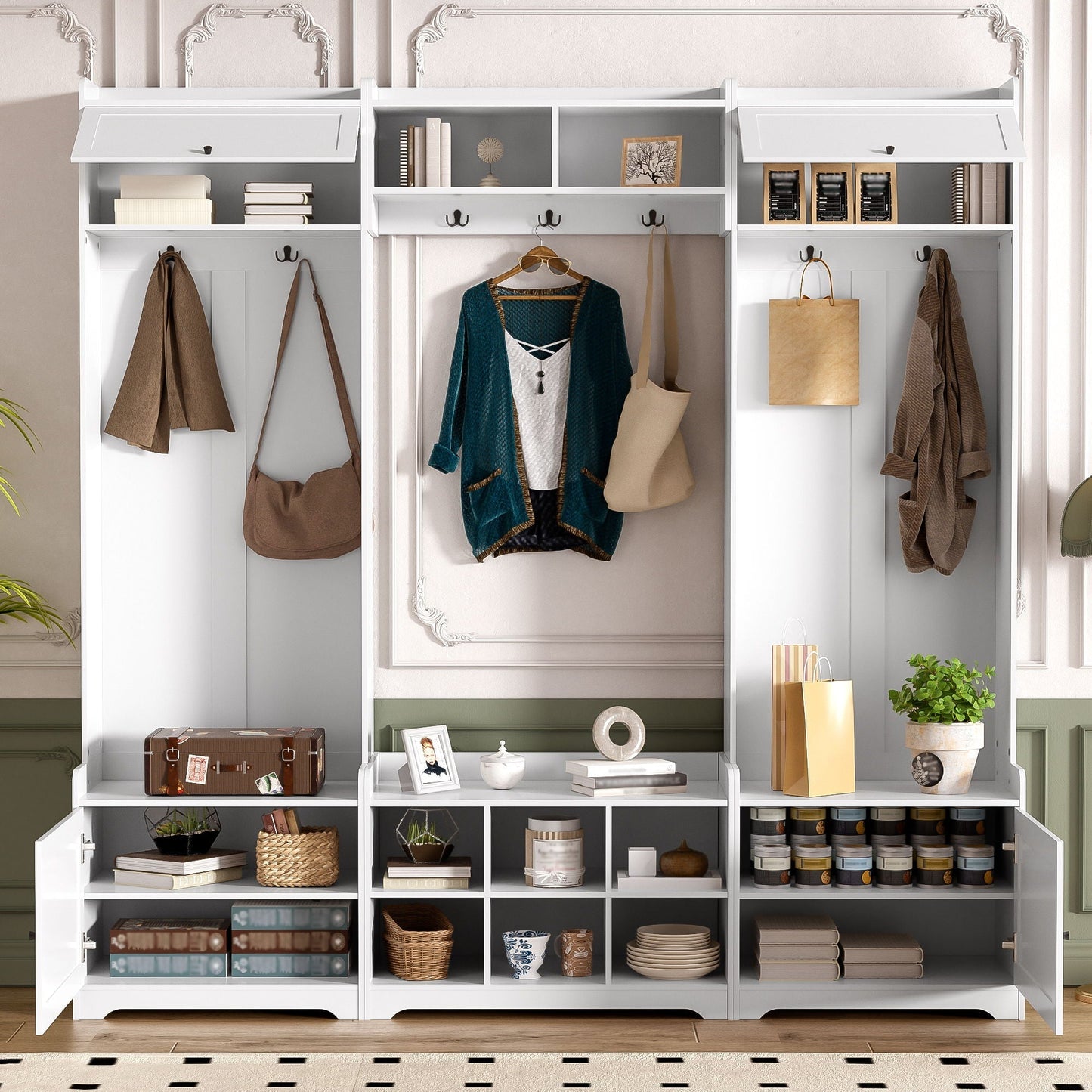 Wide Hall Tree With Shoe Storage, 4 In 1 Entryway Bench
