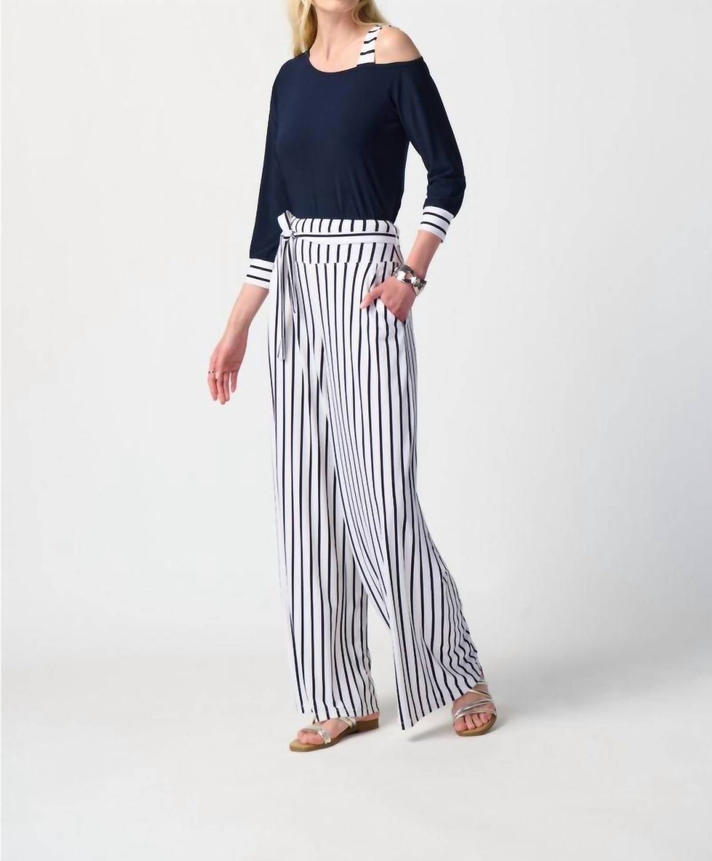 Joseph Ribkoff - Striped High-waist Belted Wide-leg Pants