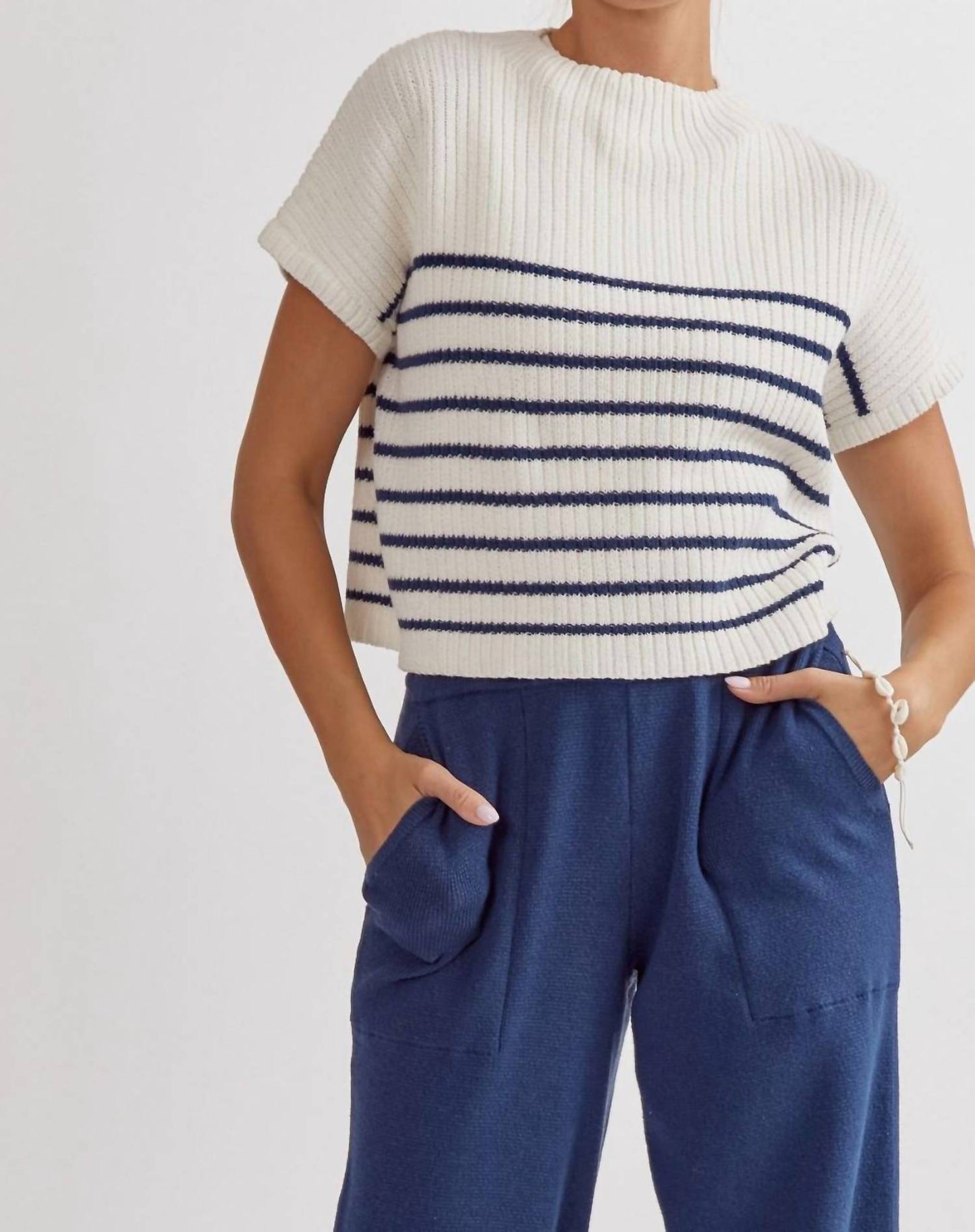 Entro - Knitted Mock Neck Sleeveless Stripe Top