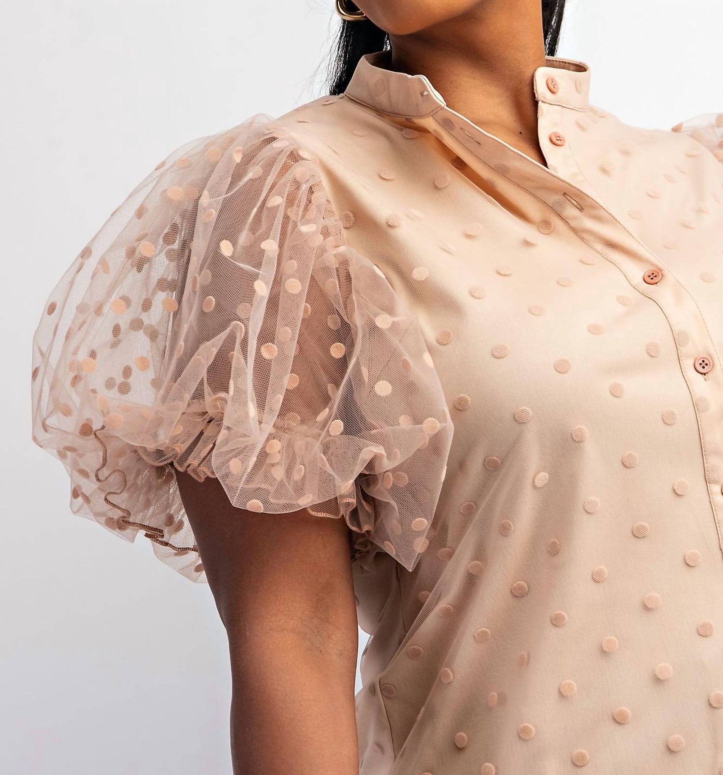The Curve La - Plus Size Dot Mesh Knit Shirt With Puff Sleeve