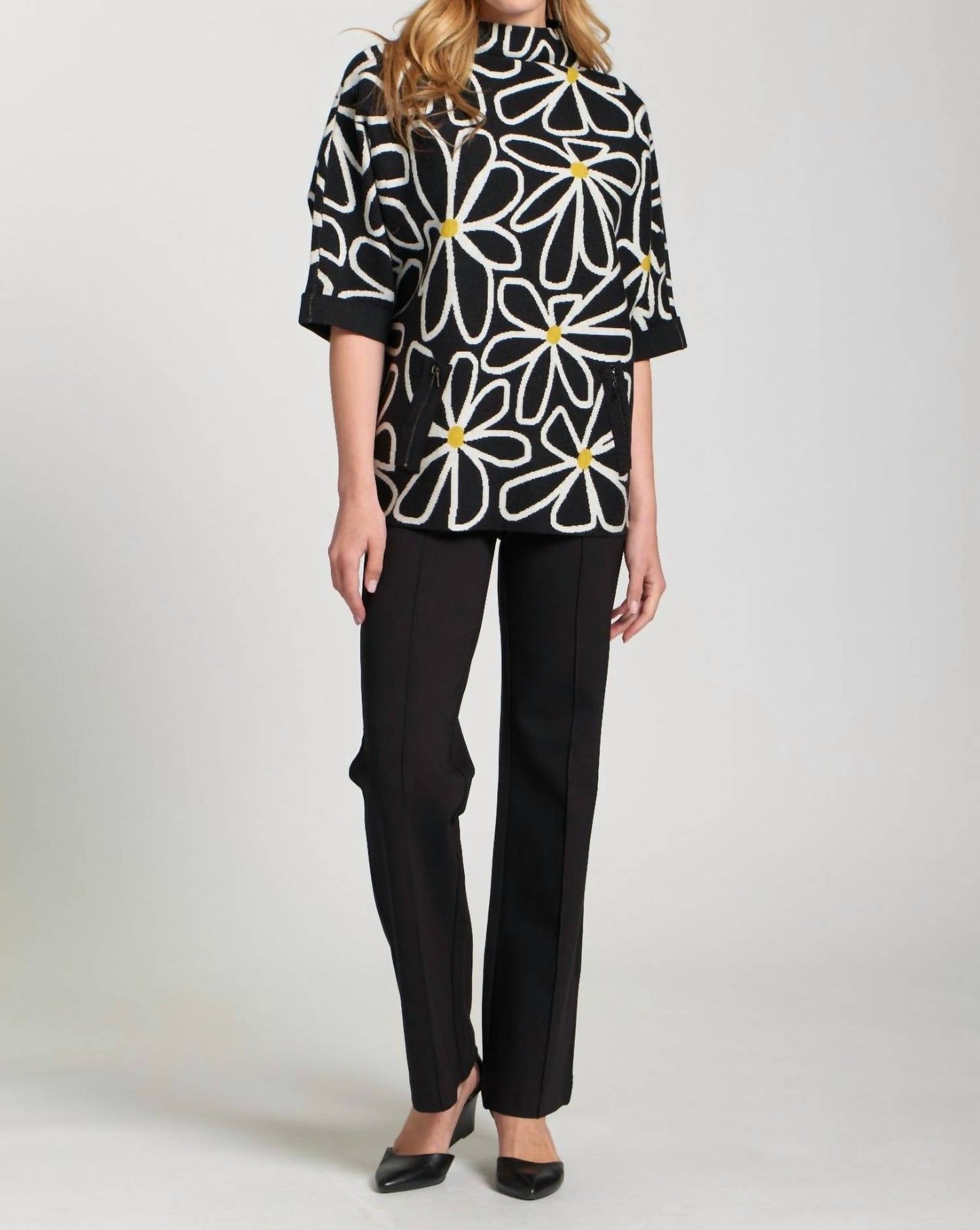 Apny - Whimsical Floral Sweater With Contrast Cuffs And Pockets