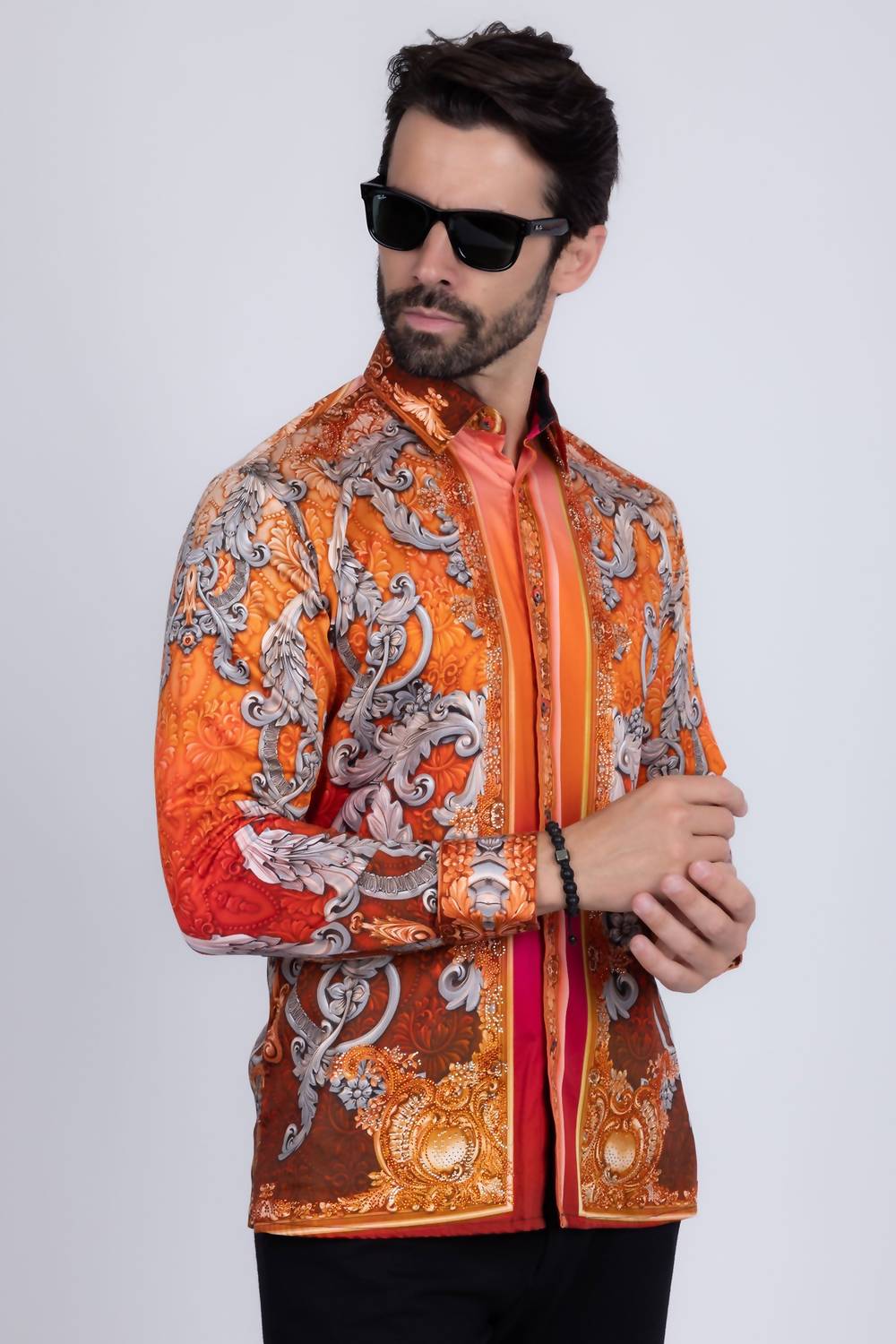 Barabas - Floral Exquisite Rhinestone Long Sleeve Shirt
