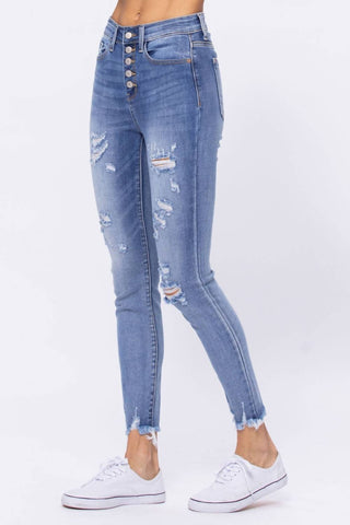 Judy Blue - High Waist Destroyed Button Fly Skinny Denim Jeans