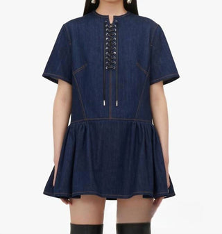 Alexander Mcqueen - Tiered Lace-up Topstitched Denim Dress