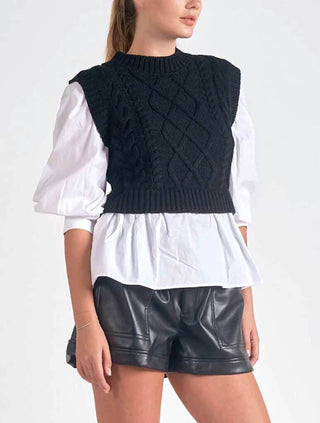 Elan - Cable Sweater Vest With Attached Blouse