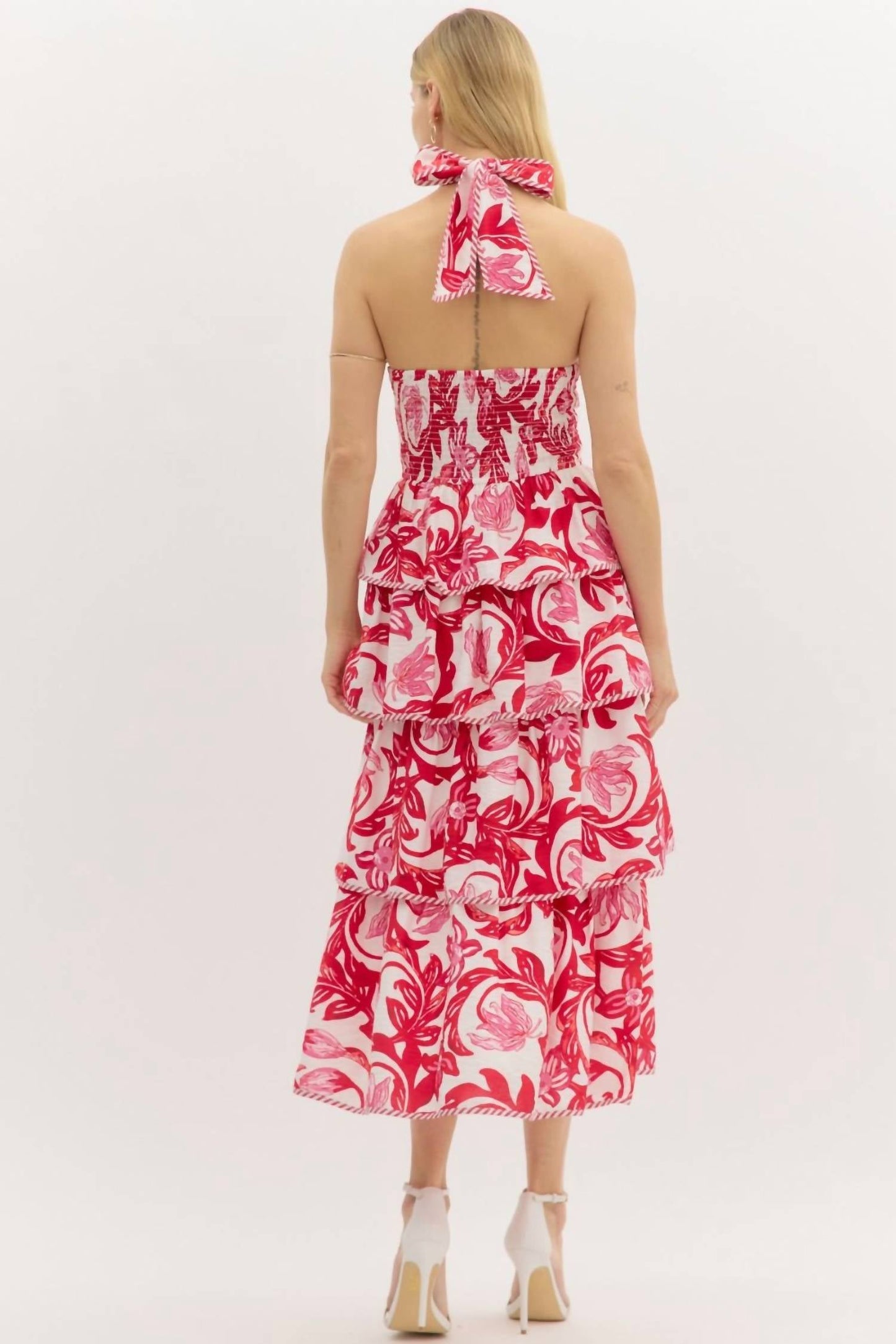 Entro - Halter Bow Tied Tiered Paisley Midi Dress
