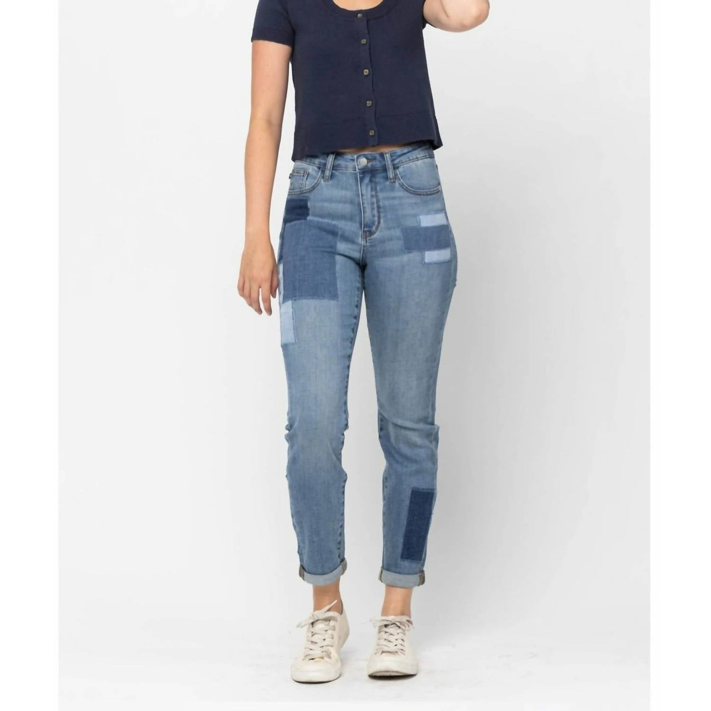 Judy Blue - High Waist Double Rolled Cuff Patch Boyfriend Jeans