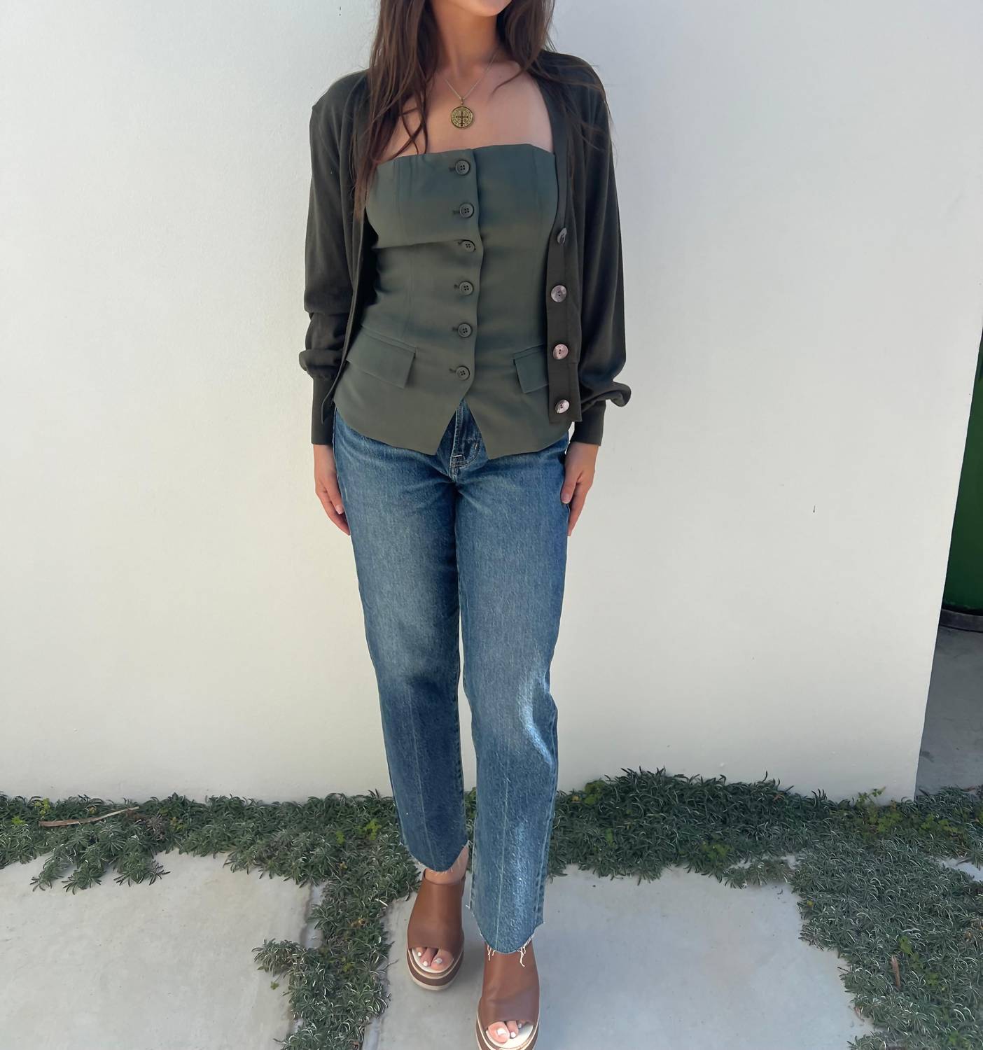 Aiblee - Button Down Olive Bustier Top