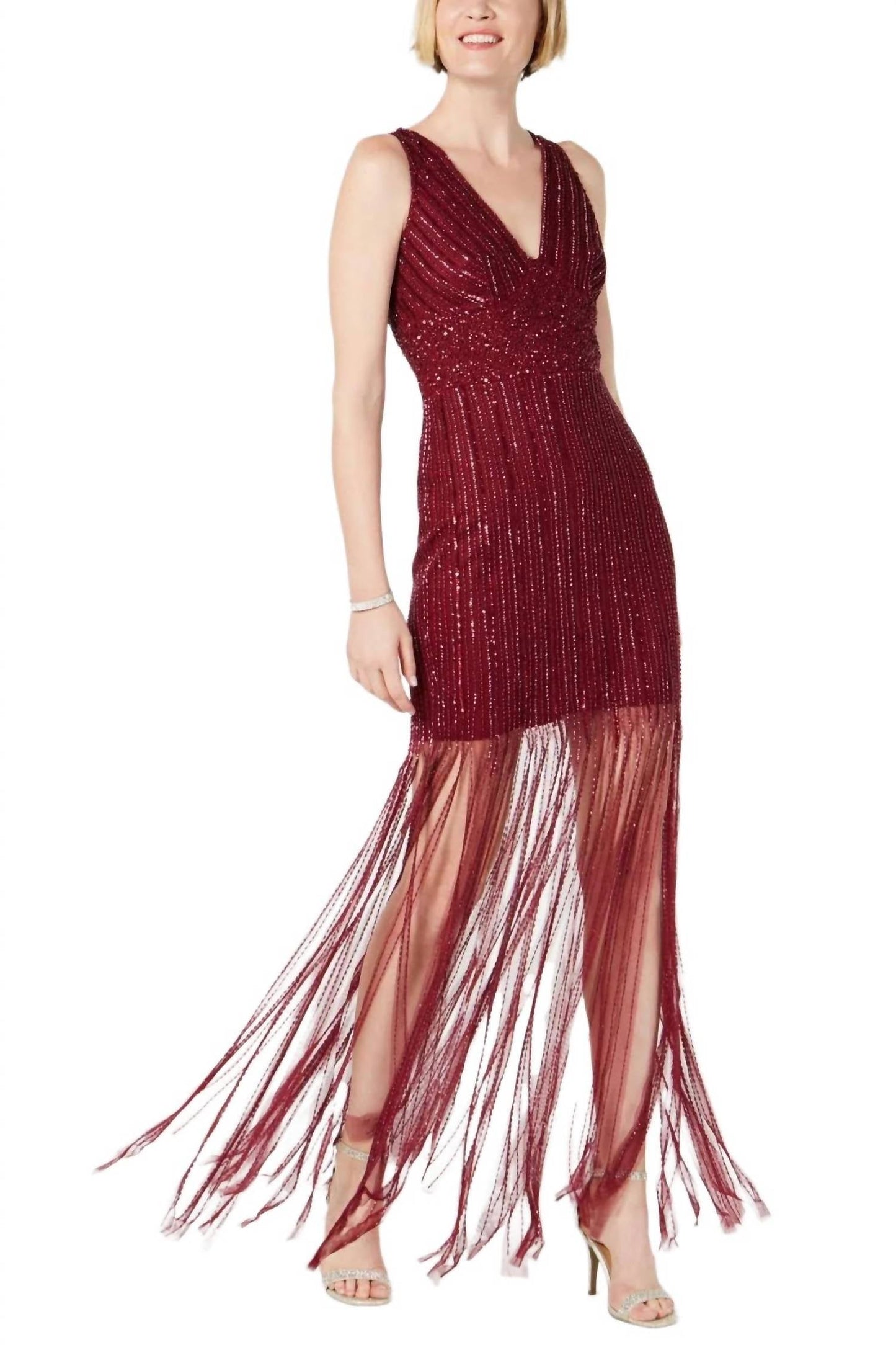 Adrianna Papell - V-neck Embellished Mesh Dress