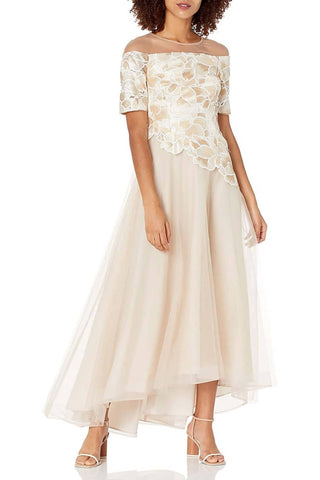 Adrianna Papell - Short Sleeve Embroidered Sequined High Low Hem Mesh Dress