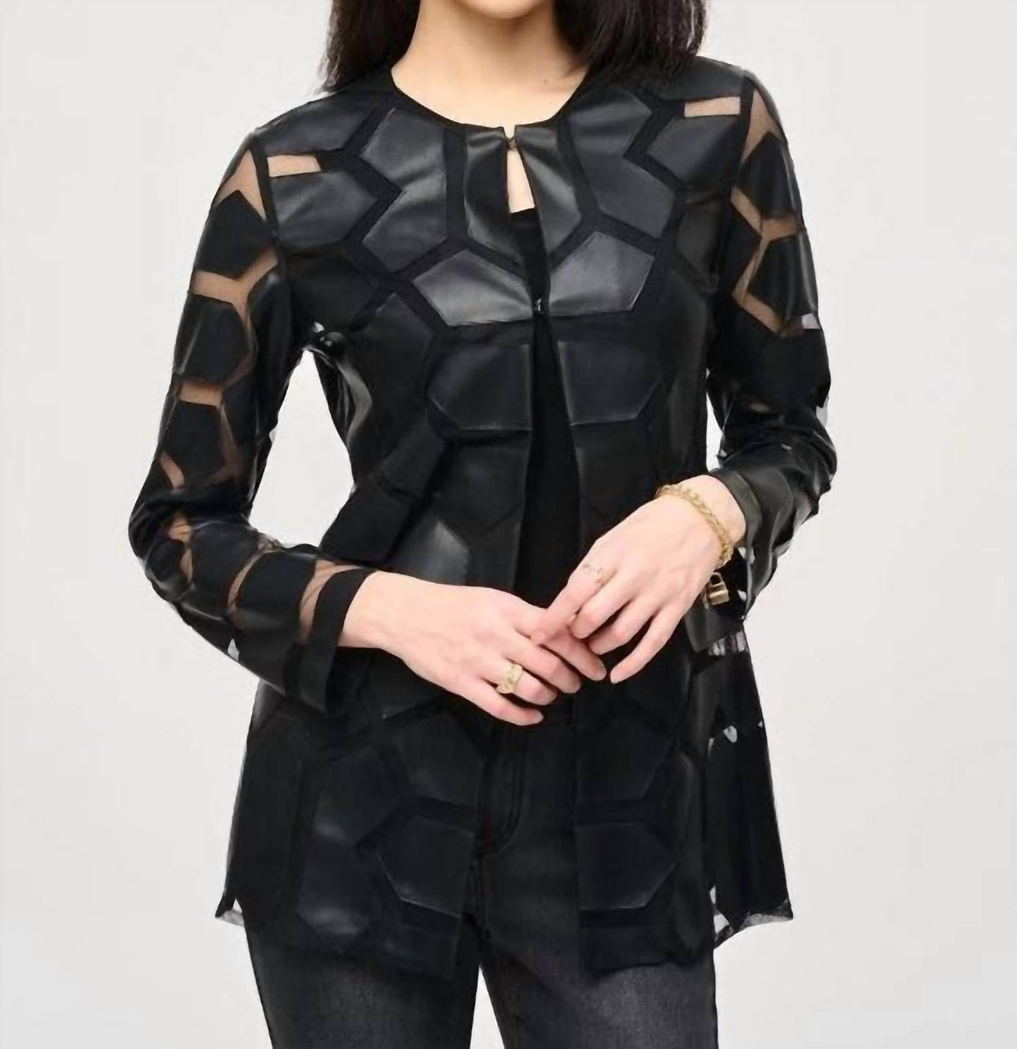 Joseph Ribkoff - Faux Leather Geometric Laser Cutout Jacket
