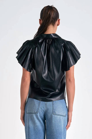 Elan - Flutter Sleeve Vegan Leather Top