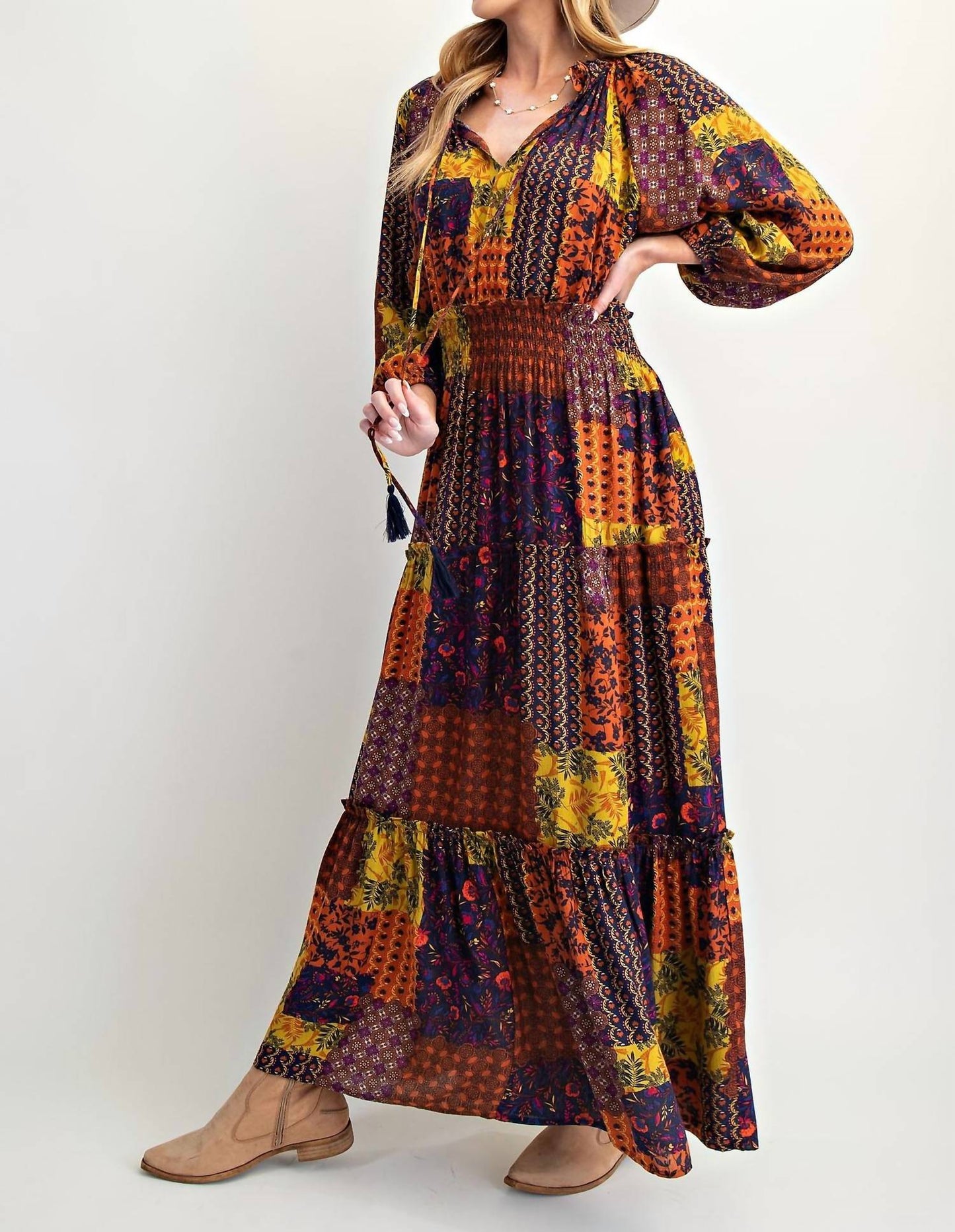 Easel - Multi-Color Patch Print Ruffle Maxi Dress