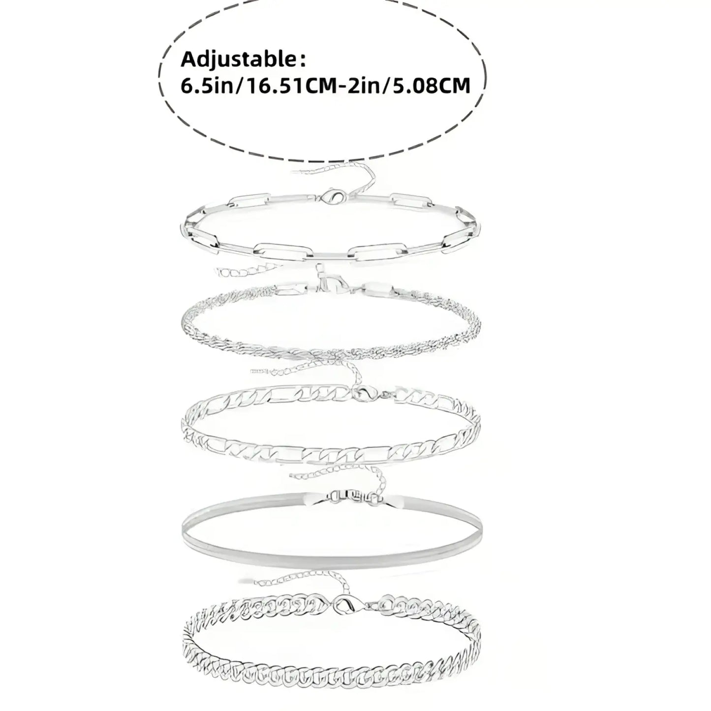 5pcs 14k Silver Plated Adjustable Stackable Bracelet Set